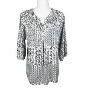 Skies Are Blue Blouse Women 8 Cream All Over Print Split Neck Quarter Sleeve